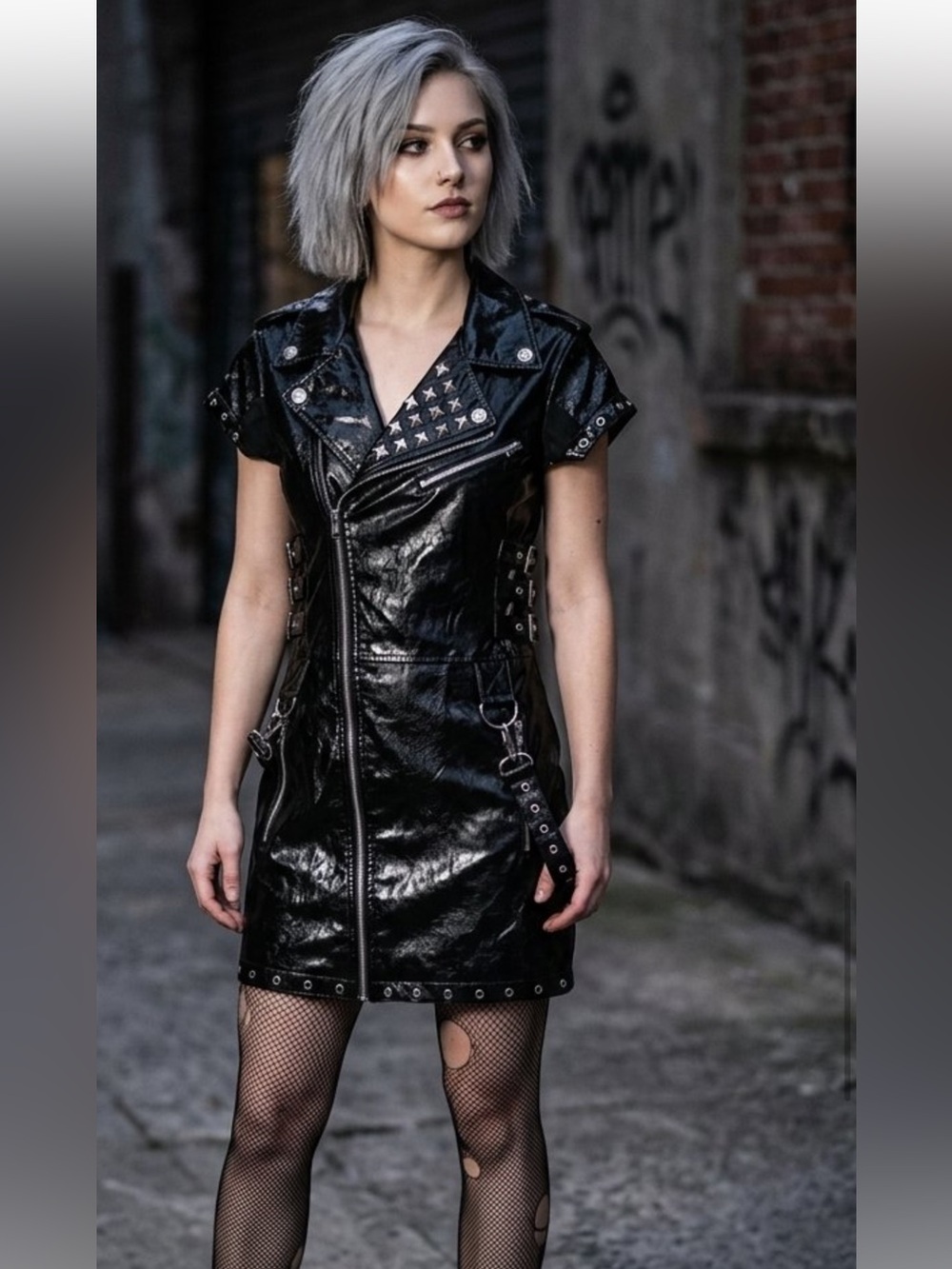 Black Studded Faux Leather Women's Moto Dress Jacket